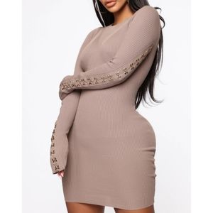 NWT Fashion Nova Women Show Some Love Ribbed Mini Dress Tan Size M